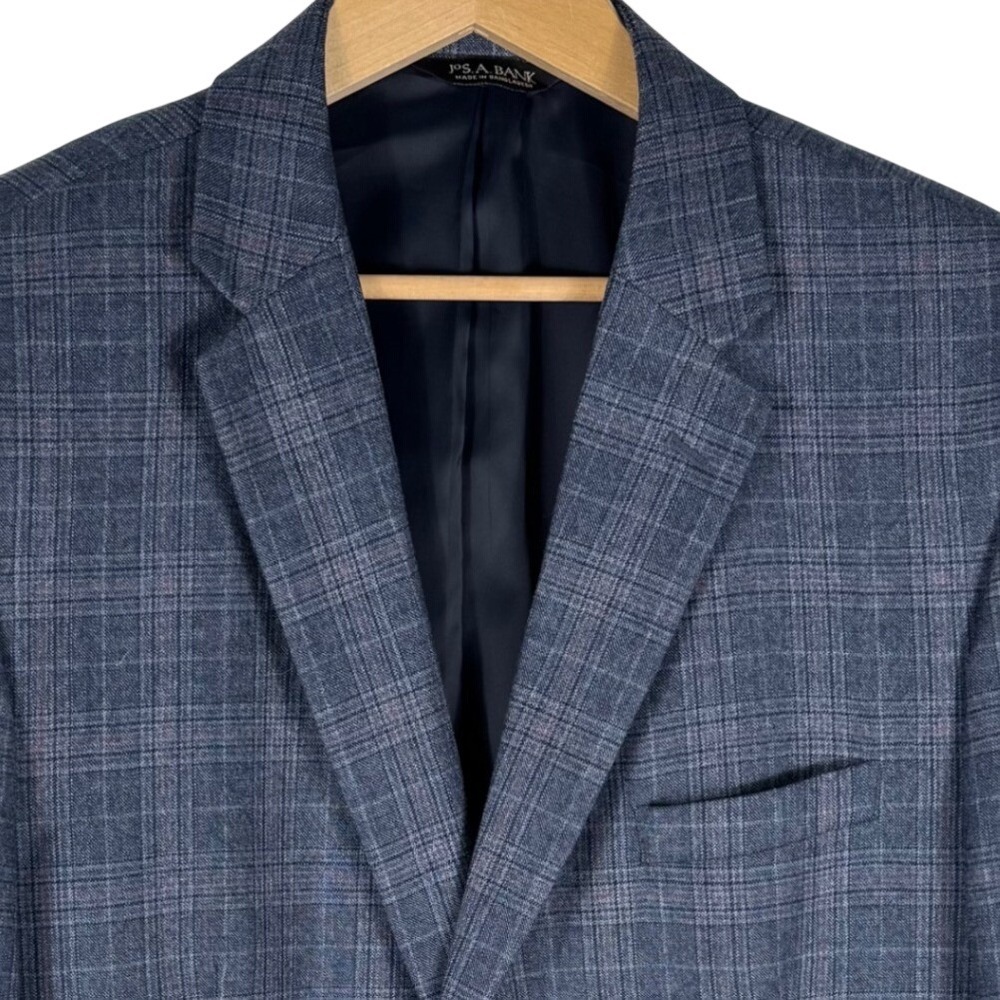 Jos A Bank Traveler's Collection Blue Glen Plaid Wool Blazer 46R Tailored Fit